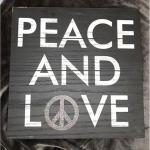 PEACE AND LOVE Wood Sign. Dark Brown/White. Peace Sign